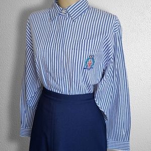 Vintage Y2K Embroided Blue and White Stripes Button Down Shirt